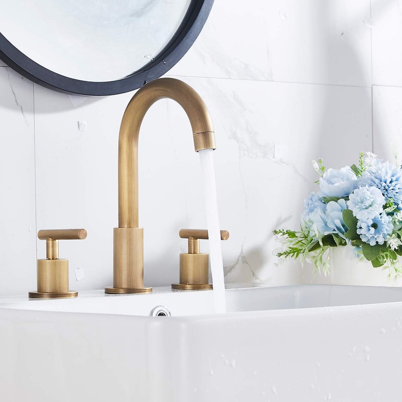 GGStudy 2-Handle Bathroom Faucet 3 Holes 360 Swivel Spout Antique Brass Widespread Bathroom Sink Faucet with Pop Up Drain - Image 3